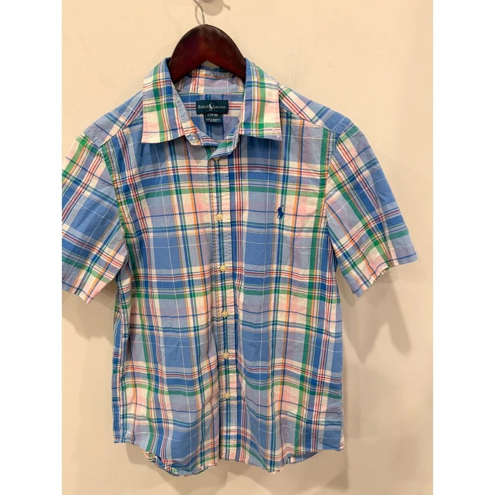 Ralph Lauren Boys Blue Green Orange Plaid Short Sleeve Button Down Shirt L 14-16